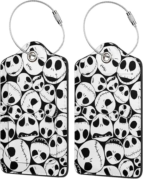 2 Pcs Luggage Tag for Suitcase, Halloween Skull PU Leather Baggage Tags Identifiers with Privacy Name Address Labels and Durable Steel Loop for Women Men Travel - skull suitcase