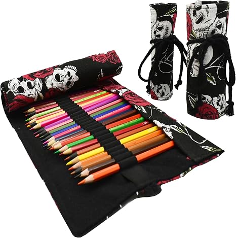 72 Slots Colored Canvas Pencil Wrap Pencil Case Skull Rose Pattern - skull suitcase