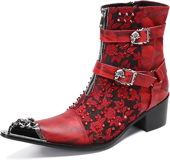 Santimon Mens Cowboy Boots Leather Party Dress Metal-Tip Toe Skeleton Button Chelsea Boots Men Fashion Casual Prom Ballroom Hight Top Western Boots for Boys - sugar skull boots