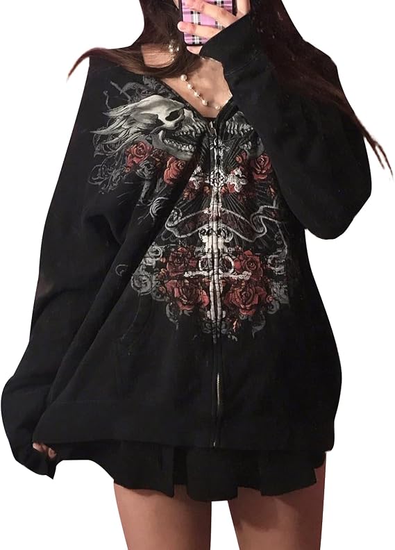 Women Y2K Skull Hoodie Graphic Zip Up Grunge Aesthetic Hoodies Casual Vintage Oversized Sweatshirt Harajuku Jacket - skull hoodie