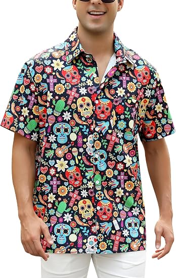 Mexican Shirts for Mens Short Sleeve Button Down Shirts Funny Casual Fiesta Outfit Party Clothes Tropical Beach - skull tshirt