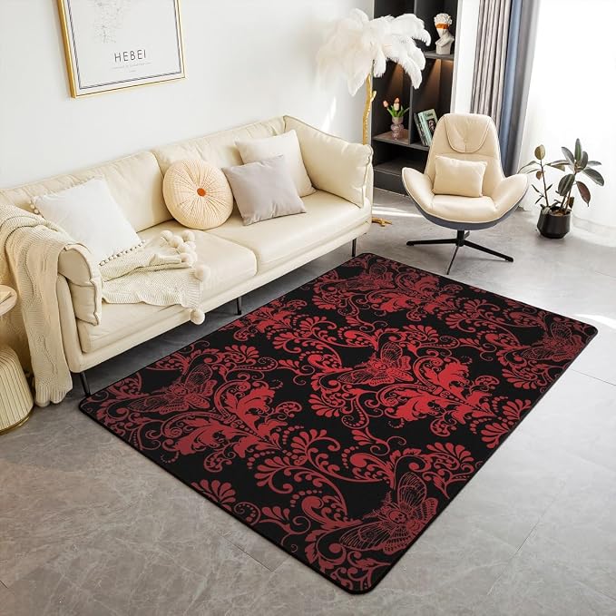 Erosebridal Sugar Skull Carpet 3x5,Vintage Damask Indoor Floor Mat,Exotic Bohemian Area Rug,Gothic Bone Skeleton Decorative Rug,Non Shedding for Bedroom Living Room,Black Red - skull floor mat
