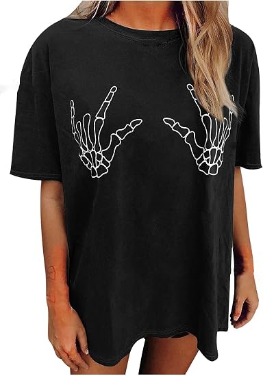 Avanova Women Graphic Letter Print Oversized T Shirt Short Sleeve Casual Summer Loose Fit Tee Top - skull tshirt
