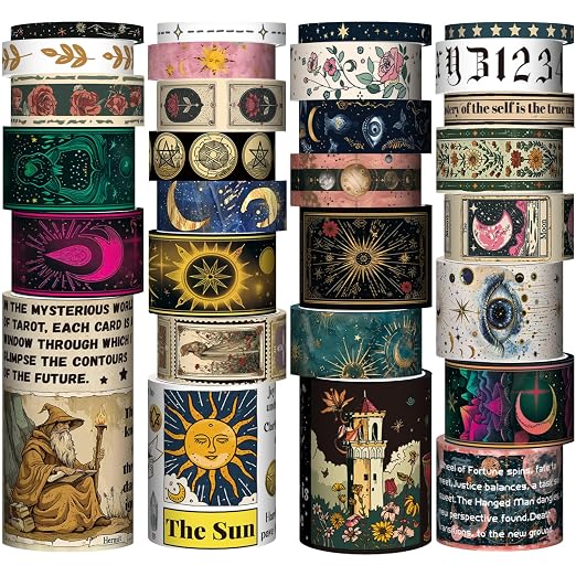 29 Rolls Washi Tape Set - Tarot Theme Decorative Masking Tape Colored Patterns, Vintage Adhesive Artists Tapes for Journaling Supplies, Diy Crafts, Scrapbooking, Junk Journal Supplies, School Supplies - skull sticker