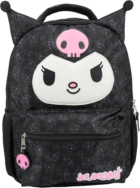 AI ACCESSORY INNOVATIONS Hello Kitty Kuromi Backpack for Girls, Sanrio Kawaii Bookbag, 16 Inch Anime School Bag with 3D Features, Black - skull backpack
