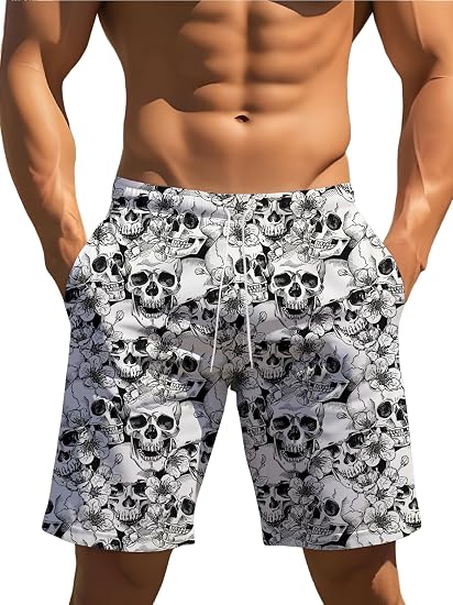 Men's Beach Shorts with Elastic Waistband Vacation & Summer Outdoor Activities - skull swimsuit