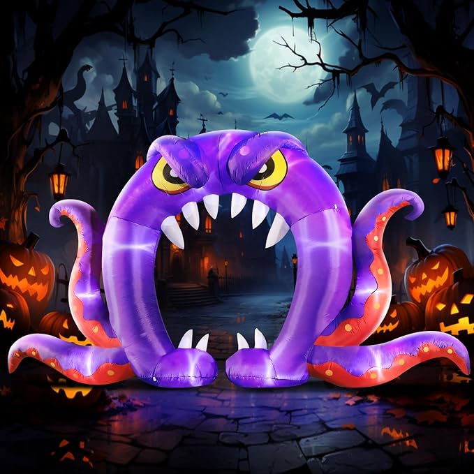 DomKom Halloween Inflatable Blow Up Decorations, 16FT Long 8FT Tall Purple Monster Octopus Archway, Built-in LEDs for Holiday Party, Garden, Lawn, Yard, Patio Décor - skull inflatable