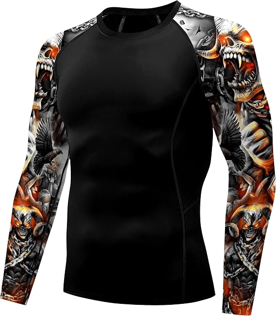 color cosplayer Jiu Jitsu Men American Flag UPF 50+ Sun Protection Printed Rash Guard Long Sleeve Swim Shirts - skull swimsuit