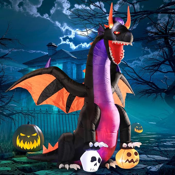 Domkom 7 FT Halloween Inflatable Dragon Steps on Pumpkin & Skull Yard - skull inflatable