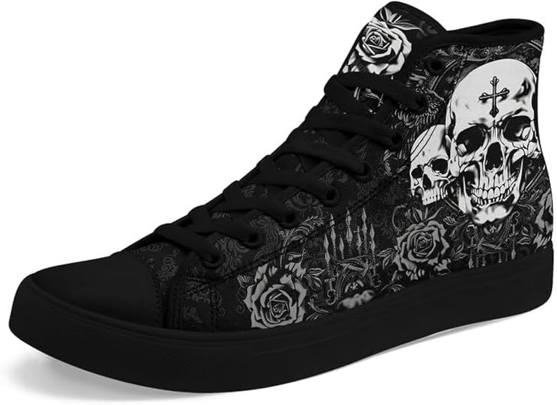 Unisex Skull High Tops for Women Cool Design Black Canvas Shoes Classic Lace Up Fashion Sneakers Streetwear - sugar skull boots