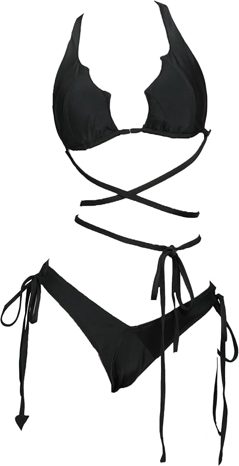 MEOWCOS Gothic Bat Style Black Two-Piece Swimsuit Halter Lace-up Top and Low Waist Triangle Bottom Bathing Suit - skull swimsuit