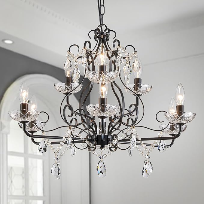 WUZUPS 9-Light Crystal Candle Chandelier Pendant Flushmount Ceiling Light Modern Lighting Fixture for Bedroom Hallway Bar Kitchen Bathroom, H 18.1″ x W 25.6″, Black, E12 Base