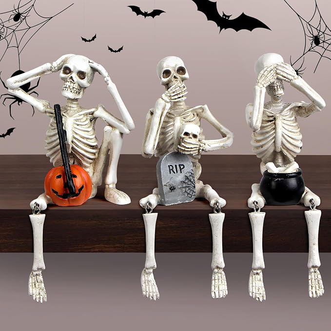 Halloween Skeleton Statue Set of 3, See Speak Hear No Evil Figurines - skeleton