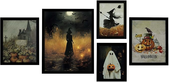 ArtbyHannah Framed Halloween Wall Art Decor, 5 Pack Picture Prints - skull wall art
