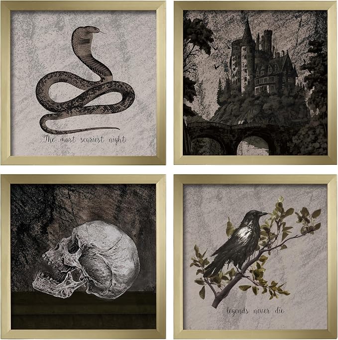 ArtbyHannah Framed Halloween Wall Art Decor, 4 Pack Haunted Picture Prints