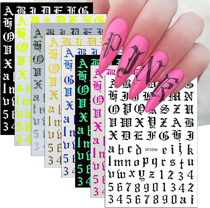 8 Sheets Old English Nail Sticker 3D Self-Adhesive Pegatinas Uñas Old Alphabet Nail Decals Holographic English Font Letters Metallic Gold Silver Black White Alphabet Design Nail Art Supplies for Women - skull sticker