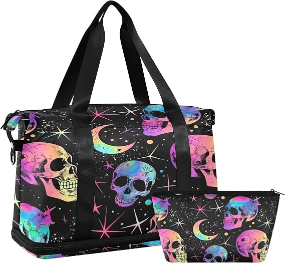 Weekender Bag for Women, Gym Sports Duffle Travel Tote with Toiletry Bag Shoes Compartment - skull suitcase