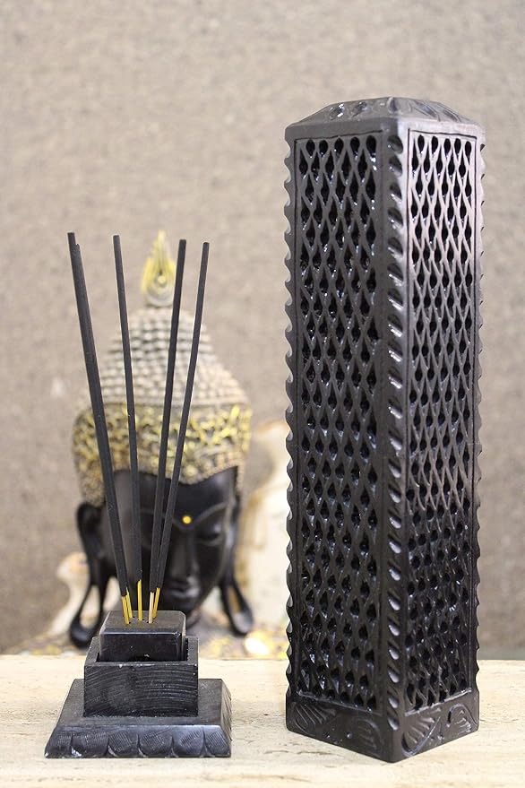Father's Day Handmade Soapstone Incense Stick Tower Holder | Marble Incense Stick Tower Burner | Aromatherapy Spa Fragrance Accessory for Home & Office Décor (11 x 3 Inches) (Black) - skull incense burner