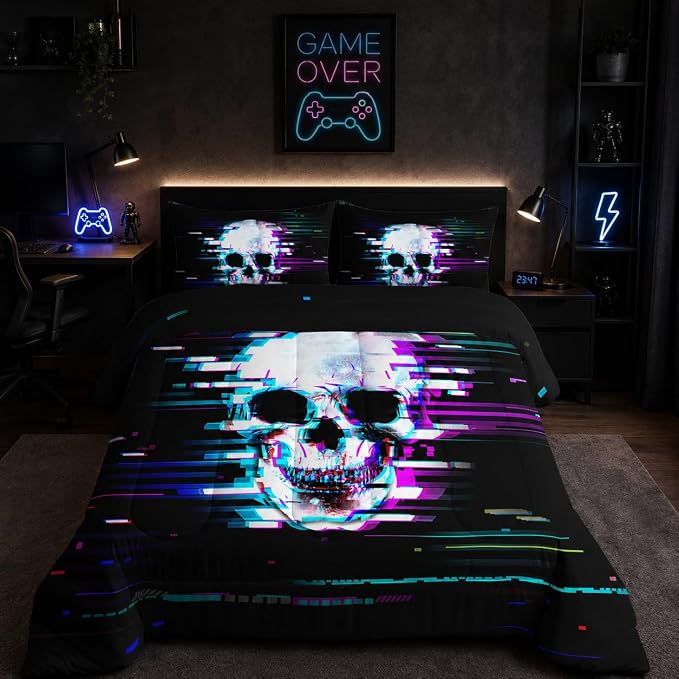 Nttopship Black Skull Comforter Set Full Size,100% Soft Ultra-fine Fiber Four Season Science Fiction Comforter Set with 1 Comforter and 2 Pillow Case - skull bedding