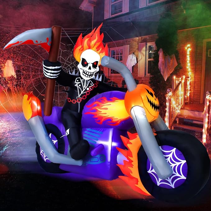 6 FT Halloween Inflatable Grim Reaper Motorcycle with Built-in LEDs - skull inflatable