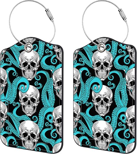 2 Pack Luggage Tags for Suitcase,Octopus Tentacles and Skull PU Leather Luggage Tags with Privacy Cover Name Address Labels and Steel Ring,Creative Travel Accessories for Men and Women - skull suitcase