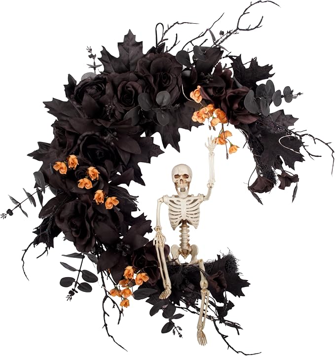 20" Pre-lit Halloween Black Moon Wreath with Poseable Skeleton, Handmade Halloween Wreath Decor for Home Front Door Porch Wall Hanging - skull wreath