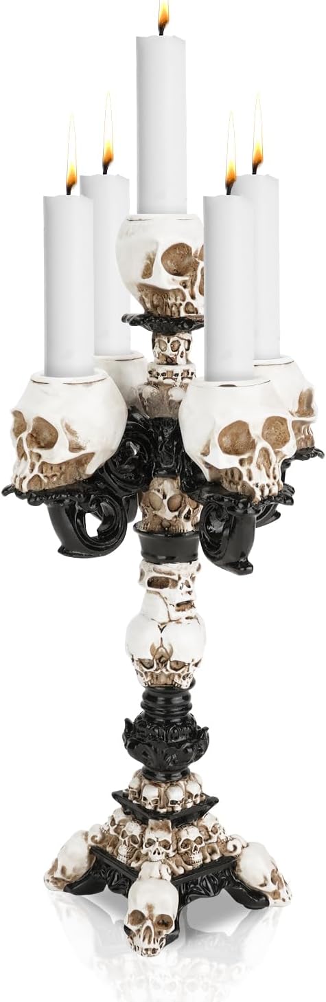 Skull Candle Holder, Spooky Desktop Tealight Skeleton, Resin Gothic Crafts for Halloween Easter Home Bedroom Living Room Party Graveyard Outdoor Bar Decor Supplies (1Pc-5Head) - skull candle