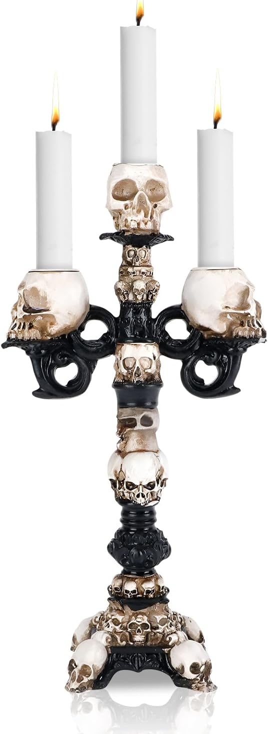 Skull Candle Holder, Spooky Desktop Tealight Skeleton, Resin Gothic Crafts for Halloween Easter Home Bedroom Living Room Party Graveyard Outdoor Bar Decor Supplies (1Pc-3Head) - skull candle