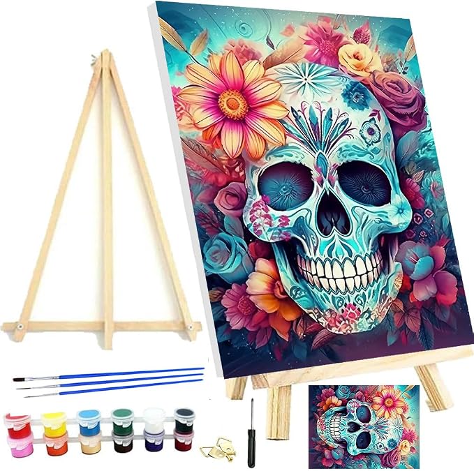 Meothan Framed Paint by Numbers Kits for Adults 12x16in with Wooden Easel - skull painting