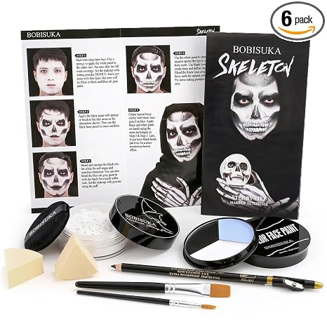 Halloween Skeleton Makeup, Complete Skull Makeup Kit Face Paint SFX Character Set, Professional Skeleton Make Up Kit for Costume Art Cosplay Dress-Up Party for Kids & Adults - sugar skull makeup