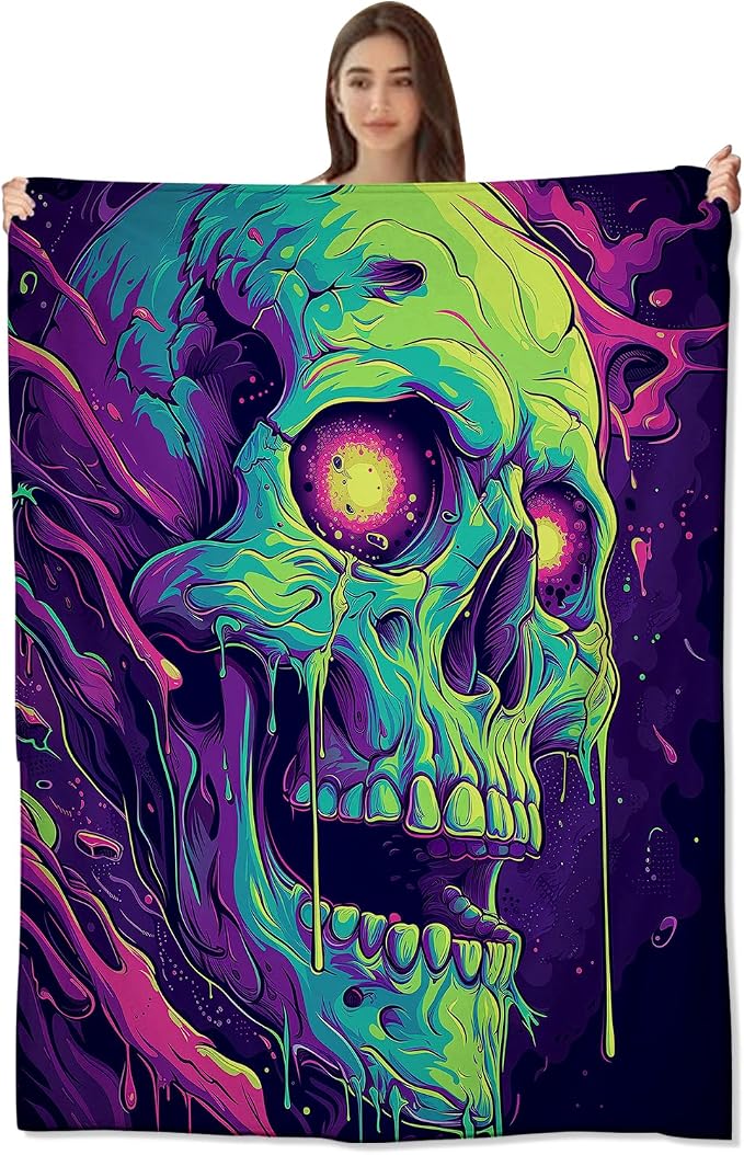 Psychedelic Skull Throw Blanket - Ultra-Soft, Comfy Plush Flannel, Lightweight & Warm, Fuzzy, Anti-Pilling, Perfect for Halloween,Couch, Bed, Travel - Cool Design for Men & Boys 60×50inch - skull blanket