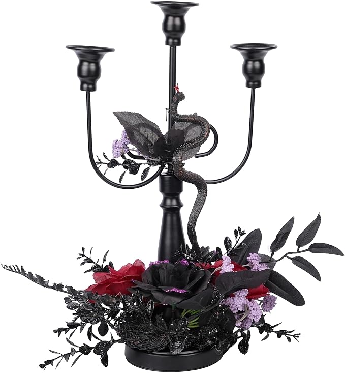 Halloween Candle Holder, 3 Arms Metal Candelabra, Black Candlestick Holder, Gothic Spooky Halloween Decor for Coffee Table/Dining Table Centerpiece, 18" Height - skull candle