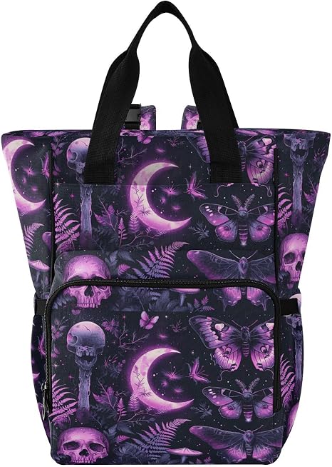 Diaper Bag Backpack, Purple Butterfly Skull Multifunction Travel Bag for Moms Dads - skull suitcase