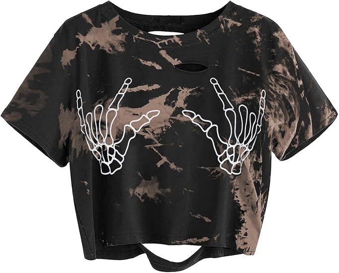 Remidoo Women's Summer Casual Distressed Short Sleeve Crop Top Crewneck T Shirt - skull leggings