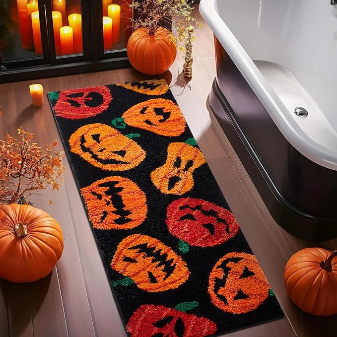 Pumpkin Fall Halloween Bathroom Runner Rug Non Slip Washable, 18 x 45 Cute Orange Autumn Colored Extra Long Bath Mat Soft, Gothic Creepy Spooky Halloween Runner Rugs for Kitchen Entryway - skull carpet