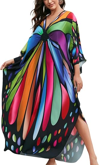KECVOT Kaftan Dresses for Women Plus Size Batwing Sleeve Caftans Long Bathing Suit Cover Up Maxi Beach Dress Loungewear - sugar skull dress