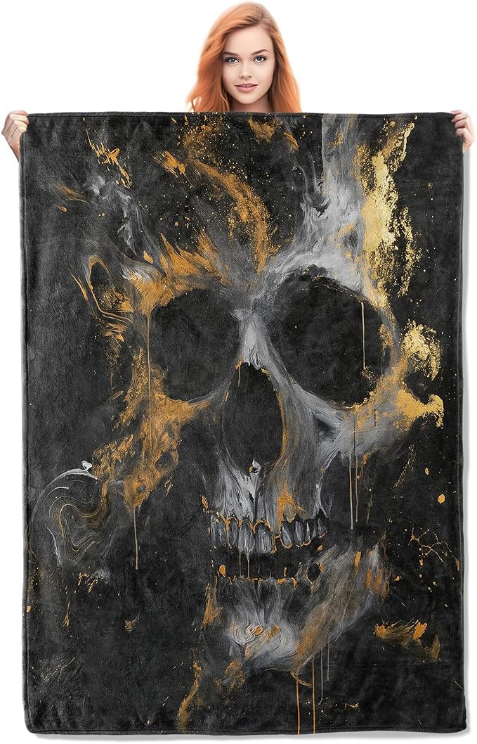 Abstract Skull Blanket Gifts for Adults Kids Women Soft Warm Lightweight Cozy Flannel Black Gold and White Skull Throw Blankets for Bed Sofa Couch Living Room Birthday Decor 50x60in - skull blanket