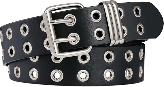 FIORETTO Grommet Leather Belt with Detachable Chain Women Men Punk Rock Waist Belts for Jeans Pants - skull wallet