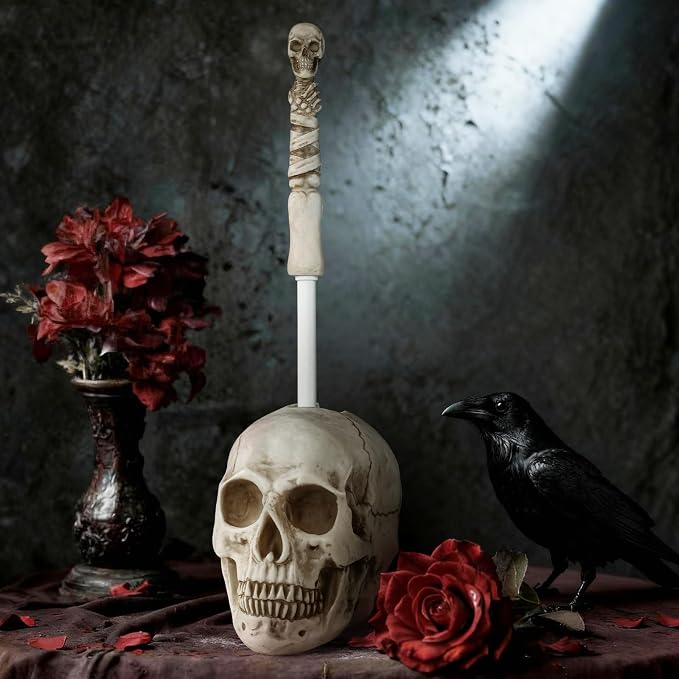 LadyRosian Toilet Brush and Holder Set for Bathroom,Skullduggery Skeleton Gothic Bathroom Decor Toilet Bowl Brush Set,Space Saving for Storage, Drip-Proof, Easy to Assemble, Deep Cleaning