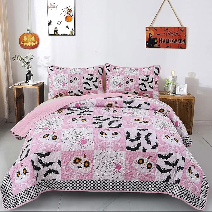 Menghomeus Halloween Quilt Full/Queen Size, 3Pcs Pink Patchwork Bedspread - skull bedding