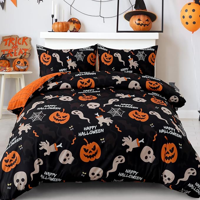 Mybedsoul Halloween Duvet Cover Set Twin, Skull Pumpkin Bedding Set - skull bedding