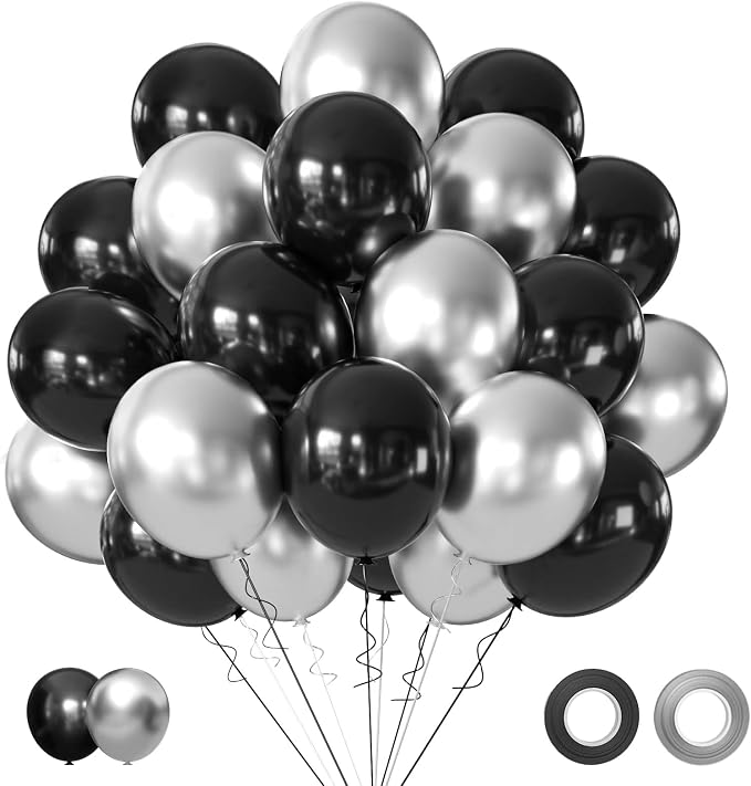 Black and Silver Balloons, 50PCS 12 Inch Silver Balck Latex Balloons Black Silver Party Balloons for Birthday,Graduation,New Years,Wedding,Engagement Party Decorations - skull inflatable