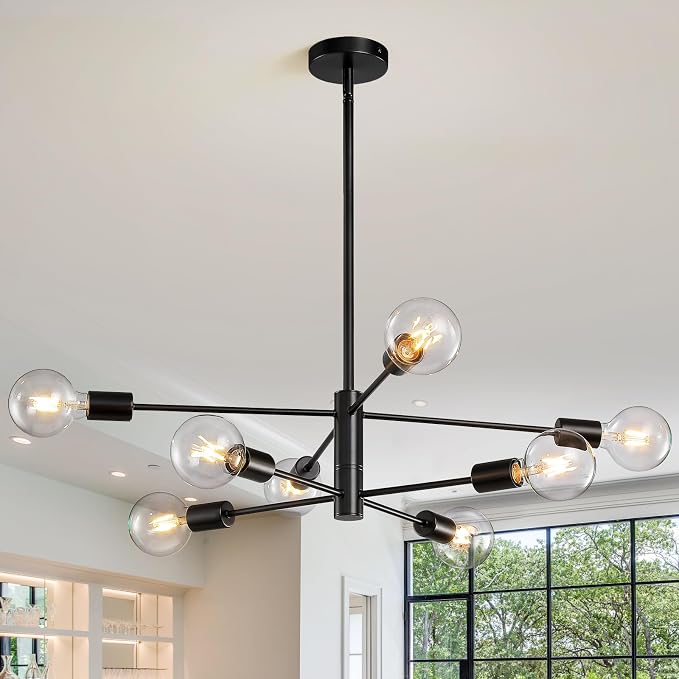 Modern Chandelier Sputnik Ceiling Light Fixture Black Chandelier for Bedroom Living Room 8-Light Height Adjustable Dining Room Farmhouse Chandelier Over Table Ceiling Hanging Kitchen Lighting