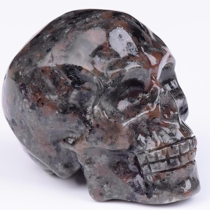 2 Inch Flame Yooperlite Stone Crystal Skulls Decor,Human Skull Sculpture Statues Healing Crystal Decor,Halloween Skull Figurines,Home Office Decoration Christmas Meditation Gifts for Men Women - skull figurine