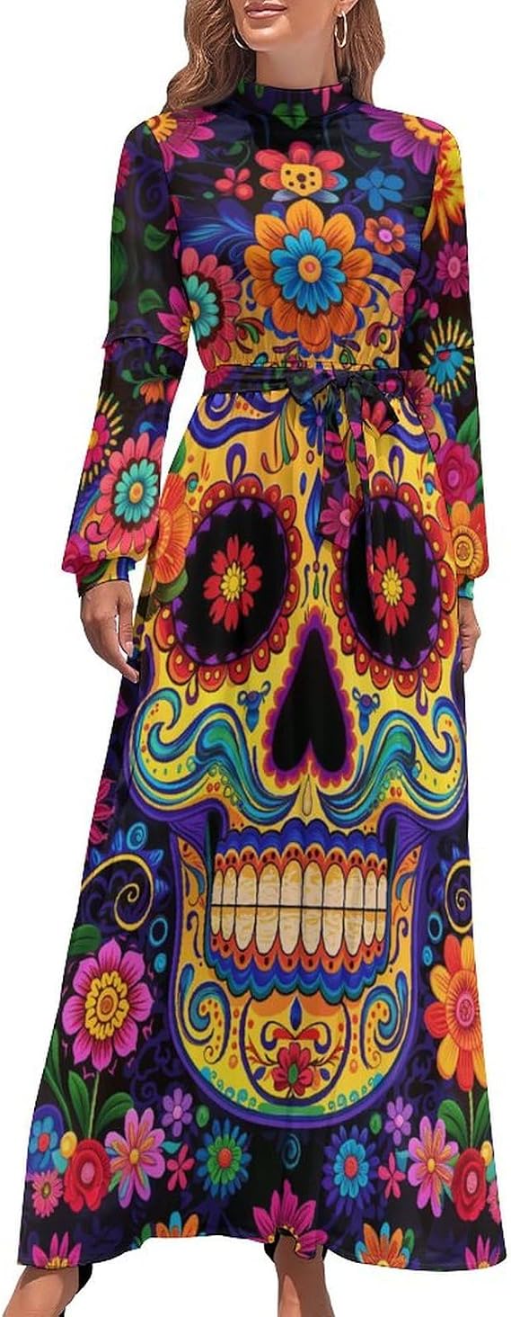 Colorful Sugar Skull Maxi Dresses for Women Long Sleeve Dress Casual Loose Party Dress - sugar skull dress