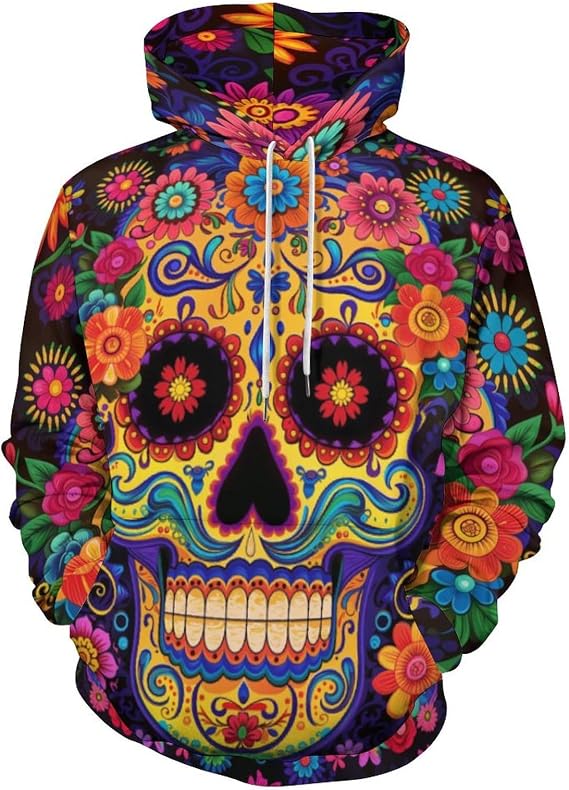 Colorful Sugar Skull Unisex Hoodies Hooded Sweatshirt with Big Pockets - skull hoodie