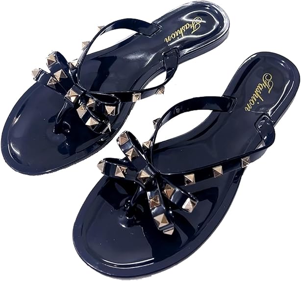 Women's Studded Bow Jelly Flat Flip Flops Fashion Comfort Open Round Toe Slip On Thong Slipper Sandals With Rivets for Summer Outdoor Beach Pool - sugar skull costume