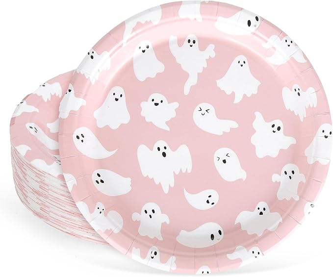 Whaline 40Pcs Halloween Paper Plates Pink Ghost Disposable Plates 9 Inch Cute Cartoon Ghost Decorative Round Plate for Halloween Summerween Party Birthday Baby Shower Table Decor - skull plate