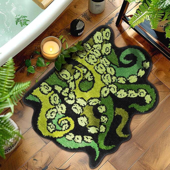 Percozzi Octopus Rugs Halloween Bathroom Rug Tentacles Bath Mat Non Slip Bathroom Mat Ocean Animal Cthulhu Tufted Rug for DND RPG Gamers Fans Nautical Enthusiasts 27.6"x22.2" - skull toilet rug