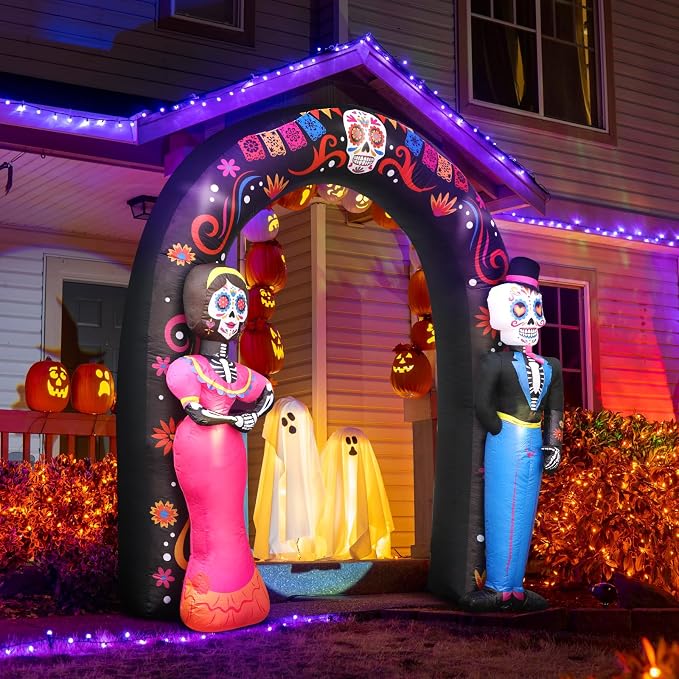 Day of the Dead Inflatable 8 FT Halloween Inflatables Sugar Skull Couple Archway Built-In LED Lights Blow Up Dia de Los Muertos Decorations Lighted Outdoor Home Lawn Yard Garden Party Decor - skull inflatable